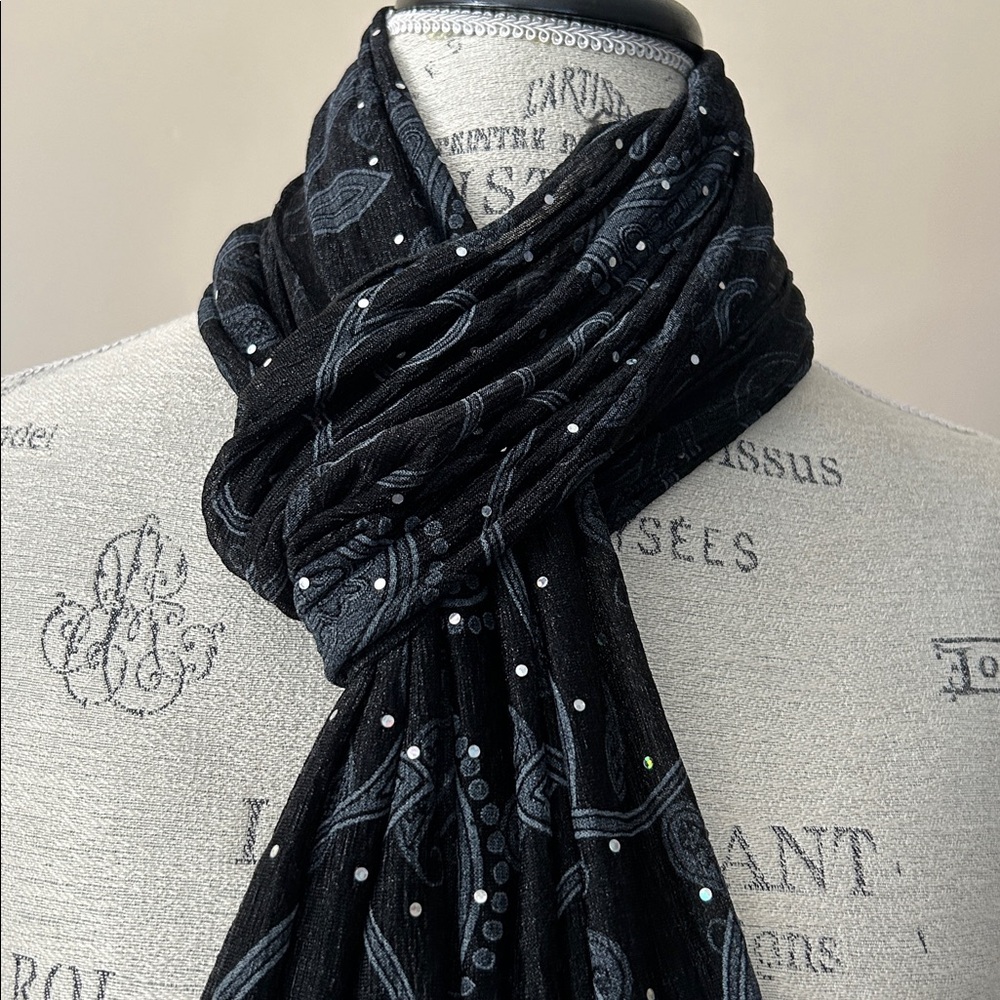 Beaded Scarf, Floral Print, Black & Grey